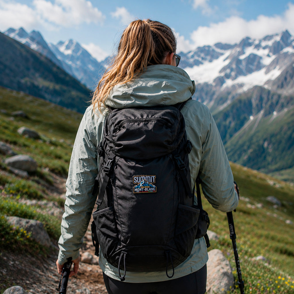 Patch brodé Mont-Blanc cousu sur sac à dos de randonneuse, sommets alpins enneigés en arrière-plan.