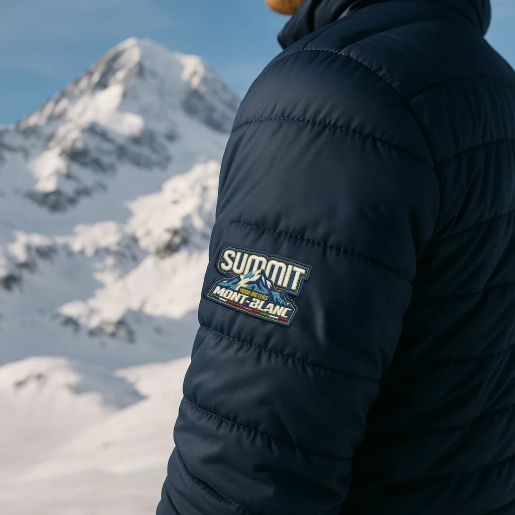 Patch Mont-Blanc Summit Miles and Peaks cousu sur une doudoune en montagne, accessoire d’alpinisme inspiré du massif du Mont-Blanc.